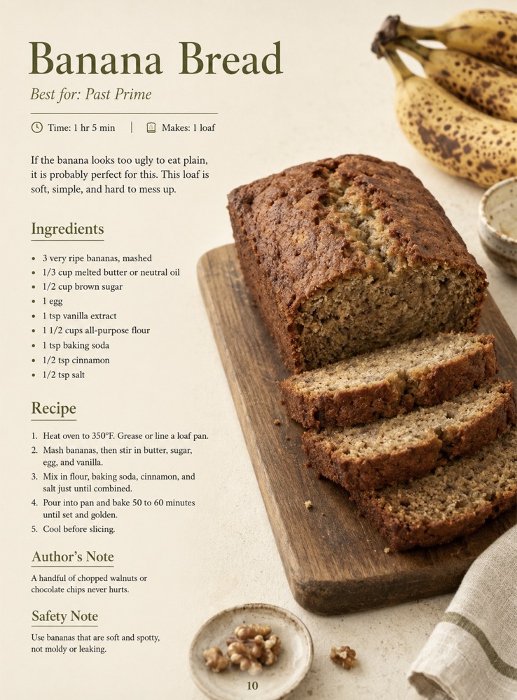 Banana Bread recipe page from Still Good showing ingredients, steps, and a sliced loaf